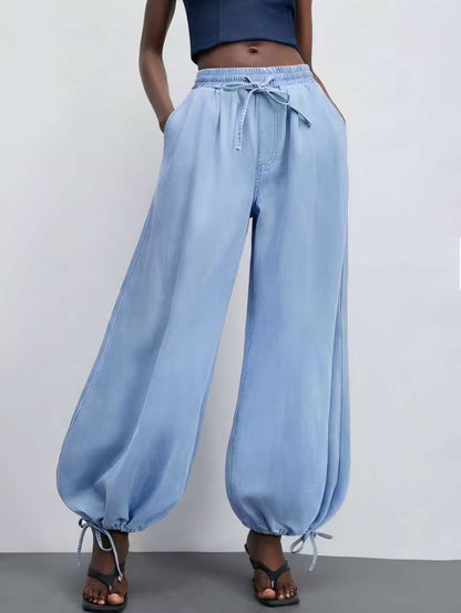 Draping Wide-leg Washed Denim Pants With A Drawstring Elastic Waist And Ankle Cuffs