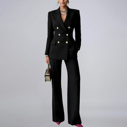 Solid-color Buttoned Suit Pants Set Notched-lapel Professional Outfit