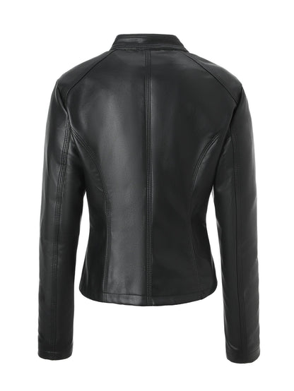 Women's Stand-collar Zip-up Biker PU Leather Jacket