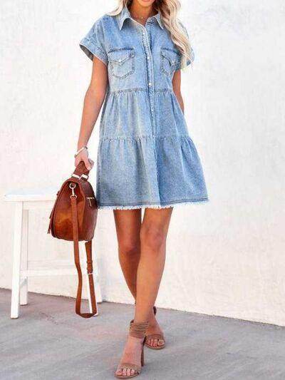 Raw Hem Short Sleeve Denim Dress for Casual Style