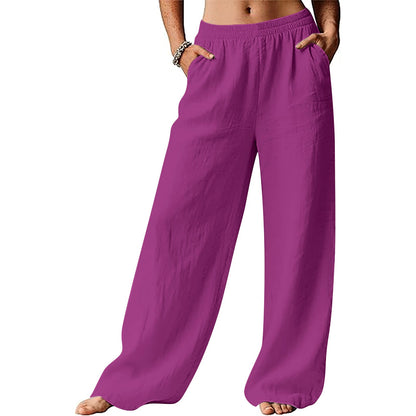 Solid-color Loose-fitting Elastic-waist Wide-leg Casual Pants