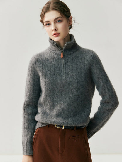 Half-Zip Cable-Knit High-Neck Goat Cashmere Sweater