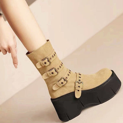 Platform Wedge Booties Women's Belt Buckle Muffin Middle Boots