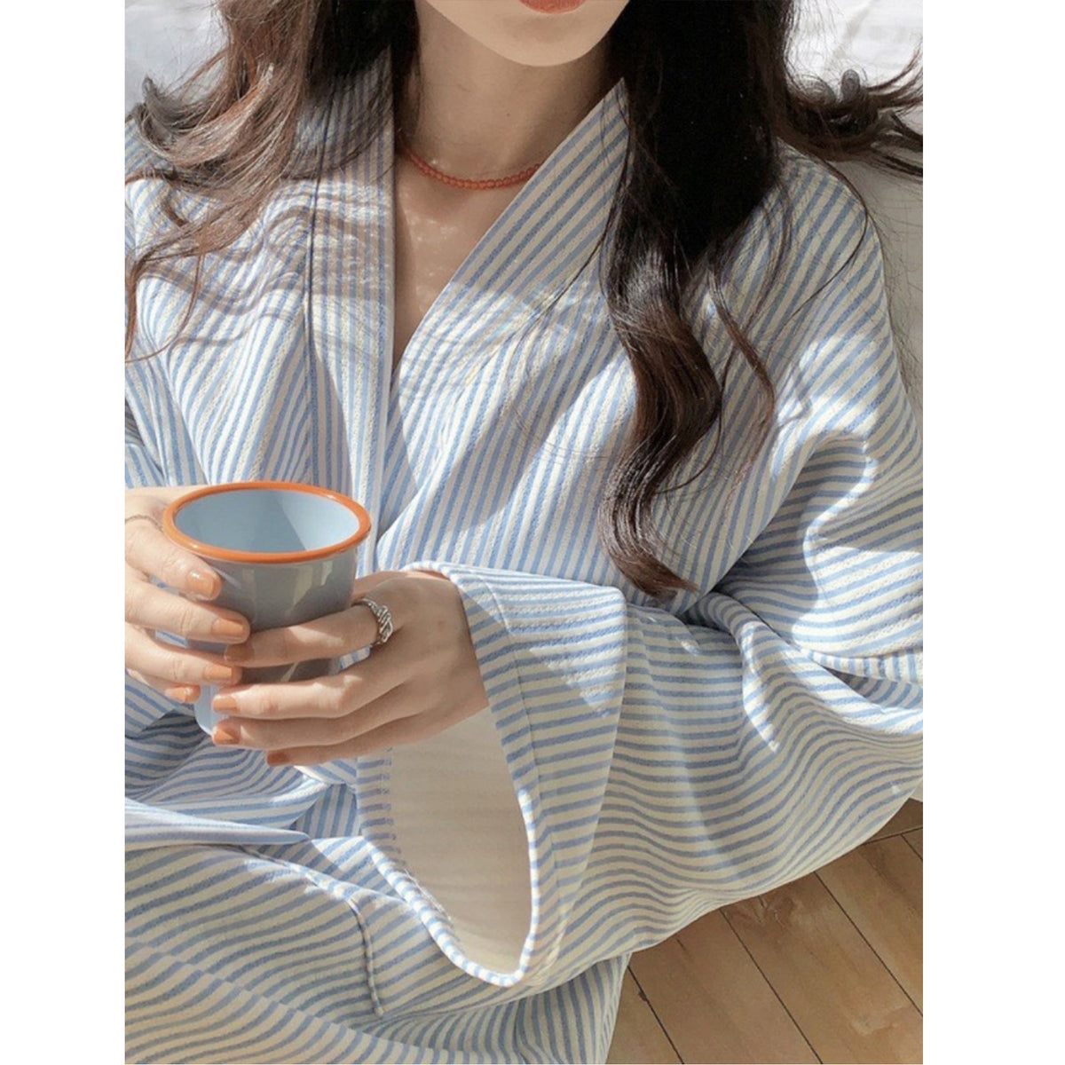 Women's Simple Striped Robe Bathrobe Loungewear