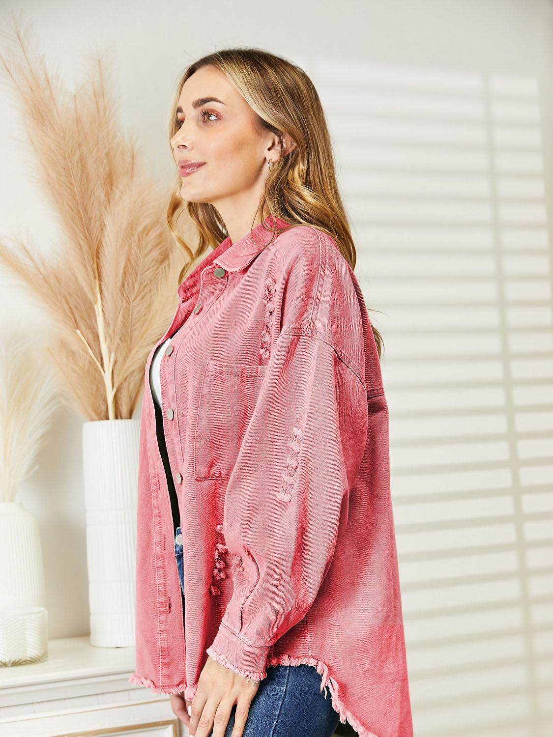 Distressed Raw Hem Denim Jacket for Relaxed Fit Style