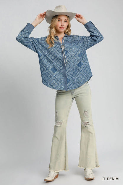 Umgee Paisley Print Denim Shirt Jacket