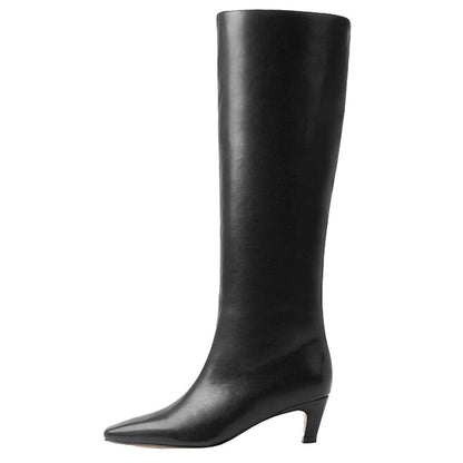French Minimalist-style Square-toe Kitten-heel Over-the-knee Straight-leg Leather Booties