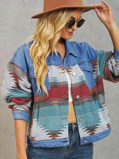 Geometric Button Up Dropped Shoulder Denim Jacket for Women