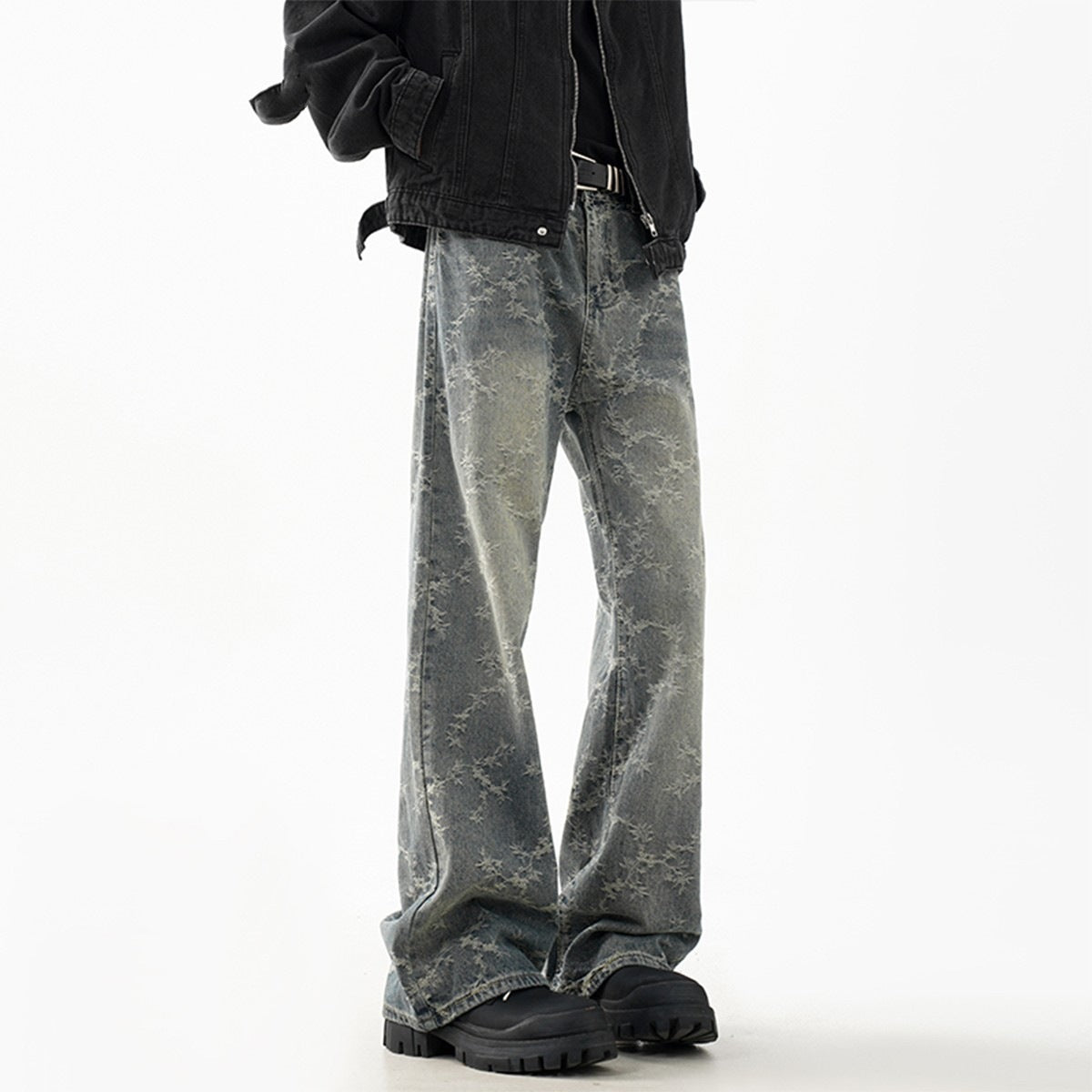 Men's Jacquard Denim Washed Straight-leg Cropped Flared Pants