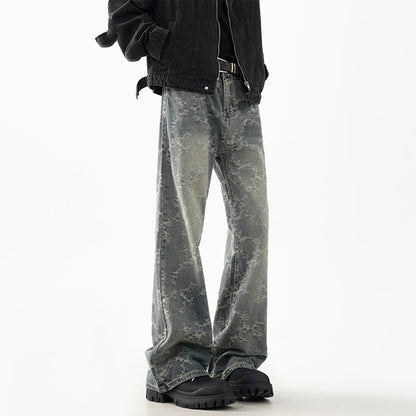 Men's Jacquard Denim Washed Straight-leg Cropped Flared Pants