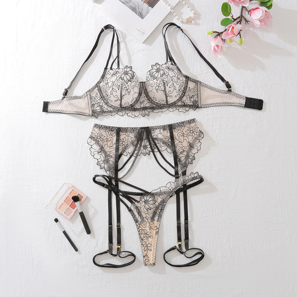 Lace Bra Set Mesh Hollow Four-piece Set For Women