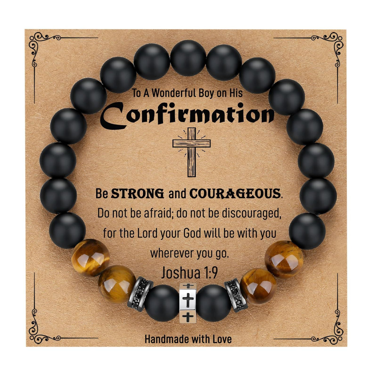 Tigers Eye Stone And Stainless Steel Cross Beaded Bracelet