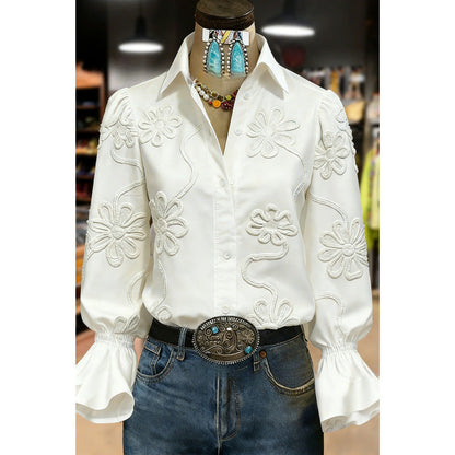 Women's Lace-trimmed Long-sleeve Collared Blouse
