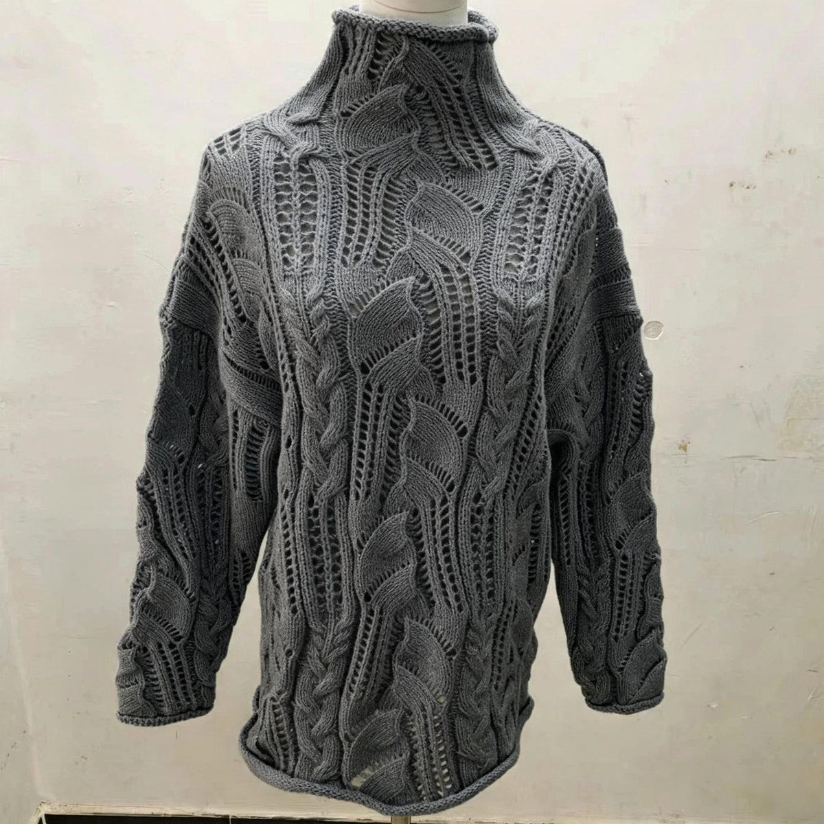 Women's Turtleneck Hollow Cable Knit Sweater, 2026 Fall Winter Loose Long Sleeve Pullover, Solid Color Knit Base Top