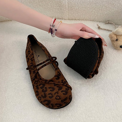 Women Leopard Print Criss Cross Strap Mary Jane Shoes Retro Flat French Ballet Flats