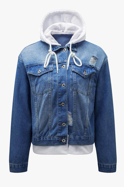 Distressed Hooded Denim Jacket for Trendy Casual Style