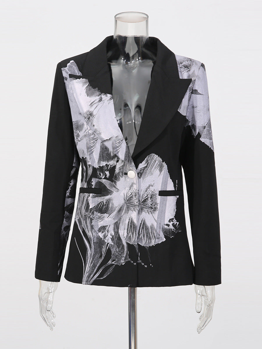Ink Floral Print Blazer & Flared Trousers Two-Piece Suit