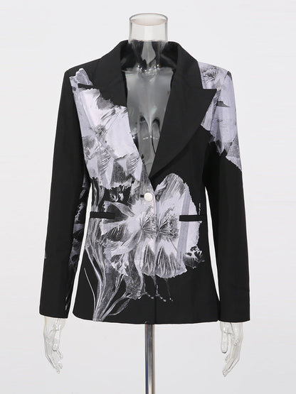Ink Floral Print Blazer & Flared Trousers Two-Piece Suit