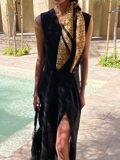 Sleeveless V-Neck Linen Wrap Dress