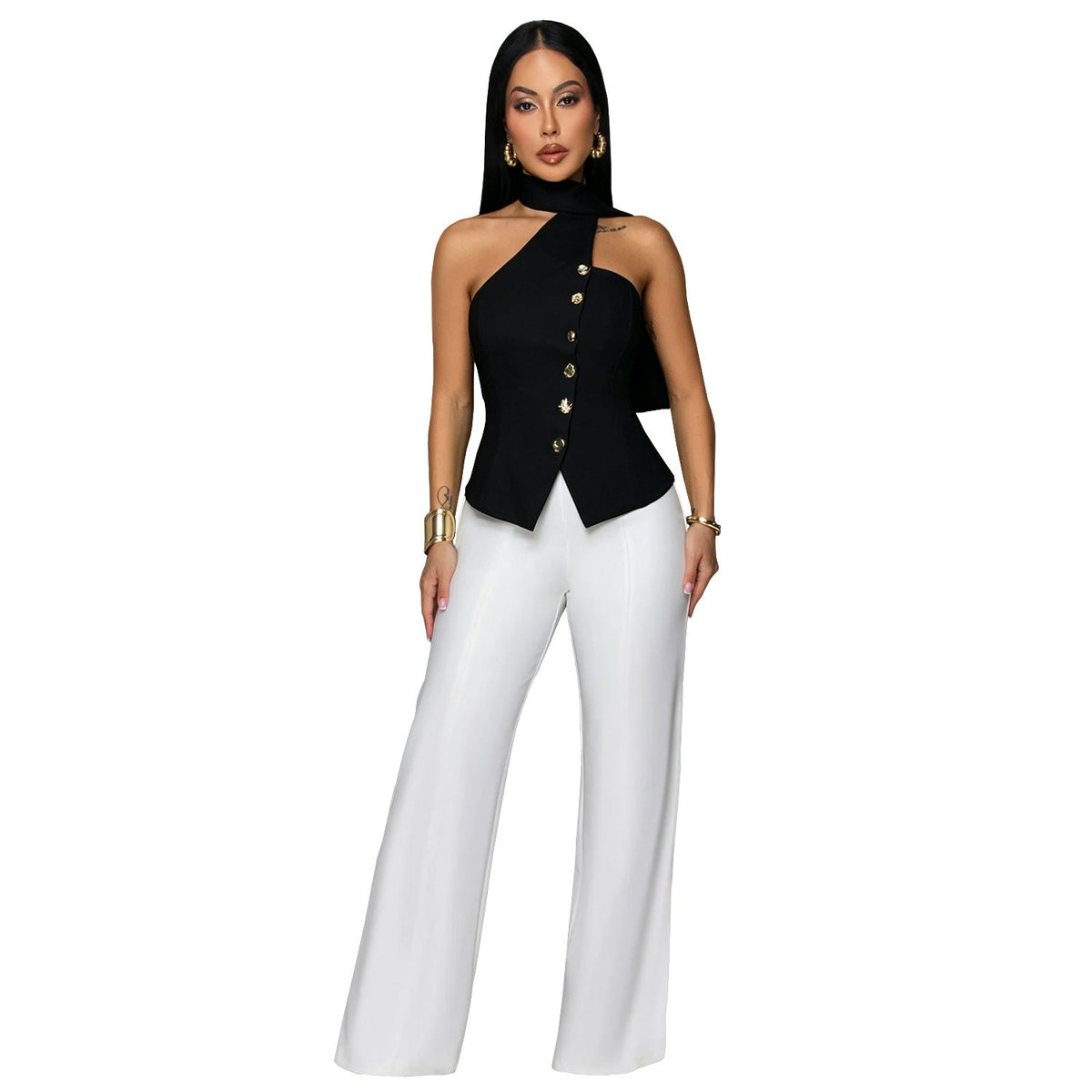 Office-style Halter-neck Fitted Top And Wide-leg Pants Two-piece Set