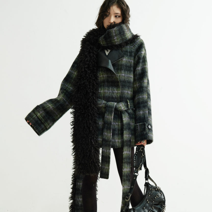 Extra-long Fluffy Scarf-style Plaid Mixed-color Wool Coat