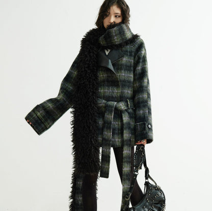 Extra-long Fluffy Scarf-style Plaid Mixed-color Wool Coat
