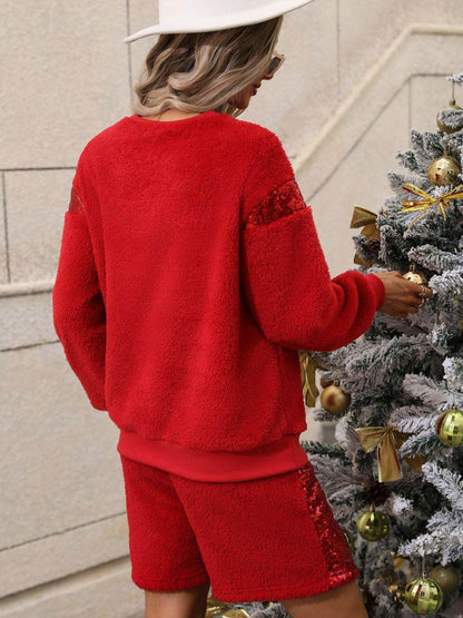 Sequin Teddy Sweatshirt and Shorts Set for Women