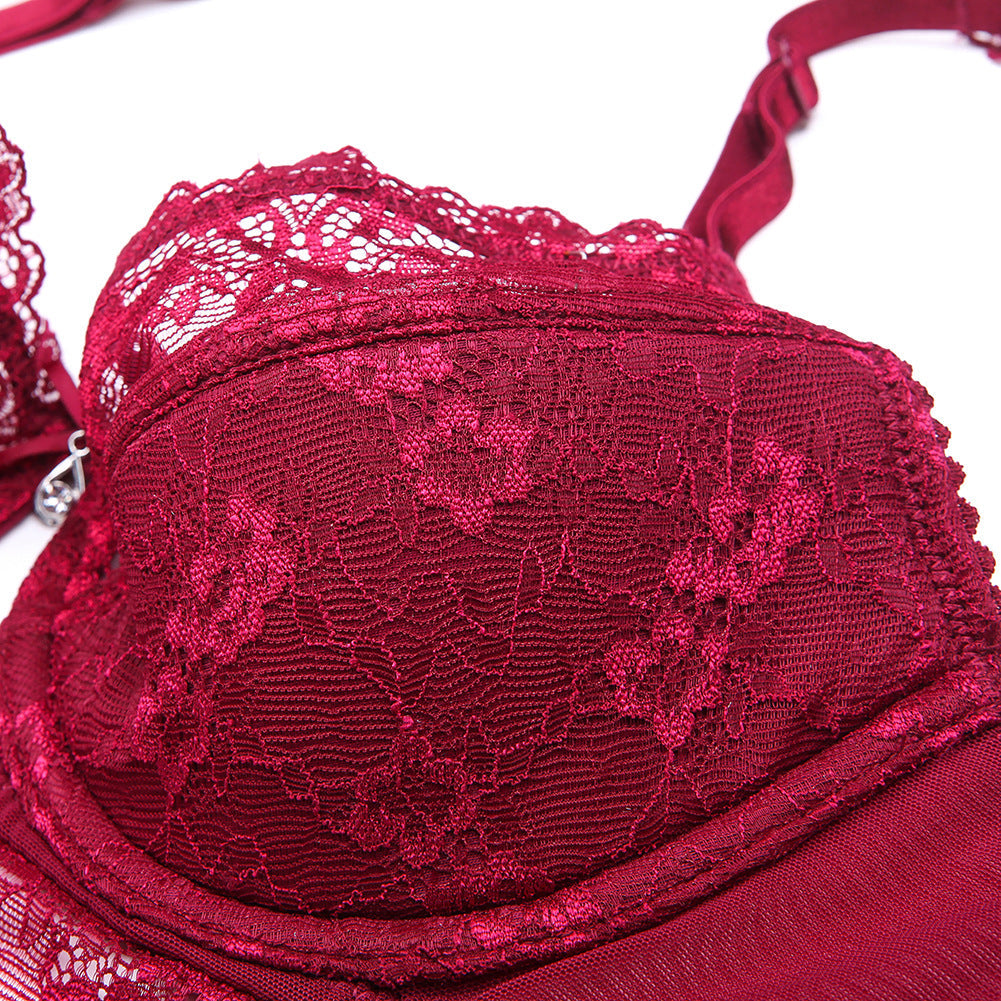 Court Style Wine Red Lace Bra Set Women