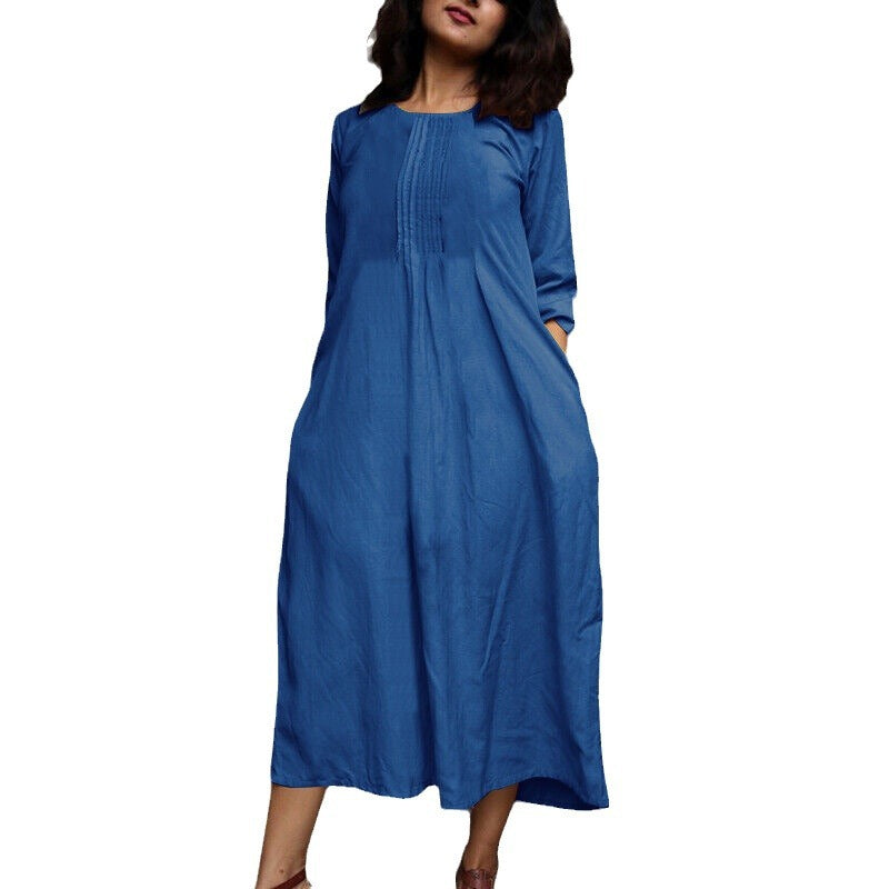 Long-sleeved Western-style Age-reducing Fashionable Round-neck Casual Dress With Pockets