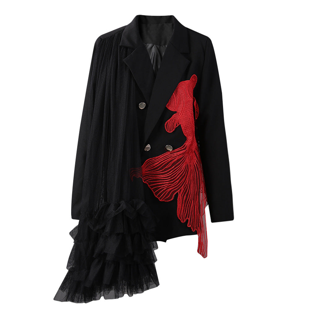 Embroidered goldfish patchwork irregular mesh suit loose jacket for women