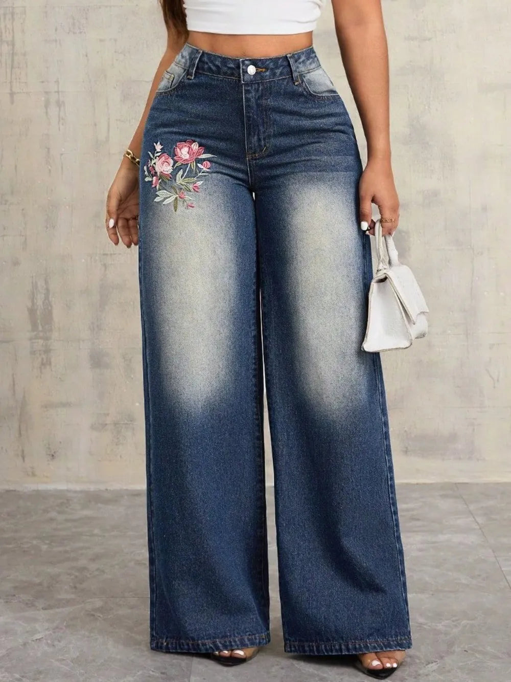 Embroidered Wide Leg Jeans