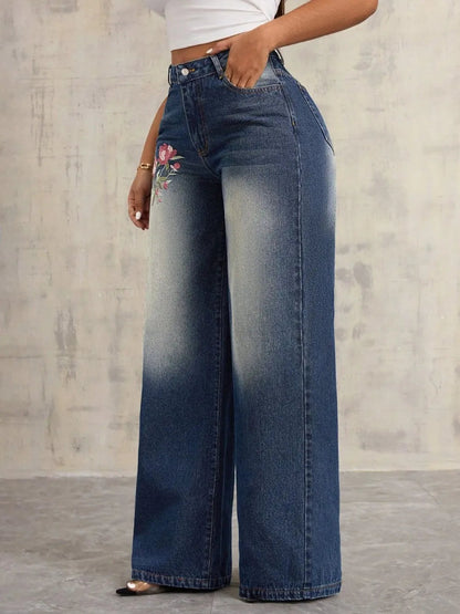 Embroidered Wide Leg Jeans
