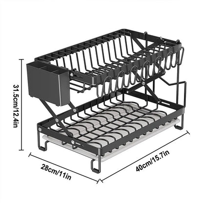 Foldable 2-Layer Kitchen Dish Rack, Large Capacity Countertop Drying Shelf for Bowls & Cutlery