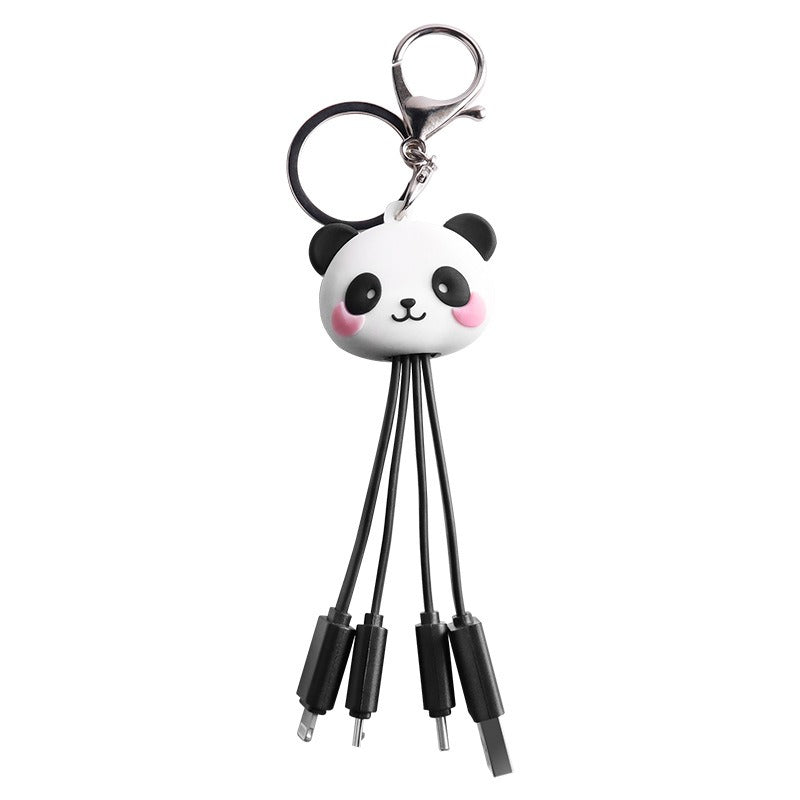 Cartoon Panda One Drag Three Data Wires Cute Keychain Panda Three in One Fast Charging Mobile Phone Charging Cable