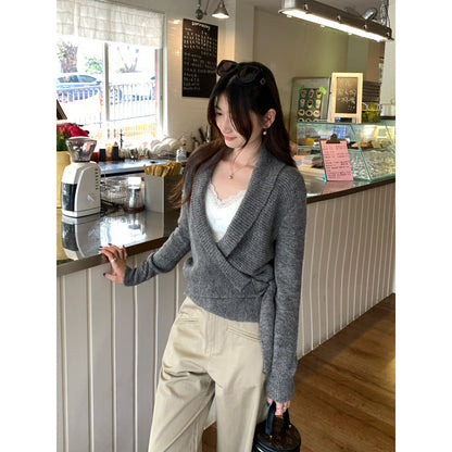 Chic Cross V-Neck Tie-Front Knit Sweater Top for Women