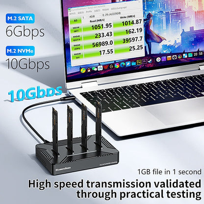 m. Solid state drive base with four bays and dual protocol nvme/data portable hard drive box, USB 3.2 gen2