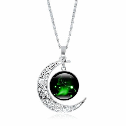Zodiac Time Gem Luminous Necklace for Women, Simple Silver Moon Pendant Choker