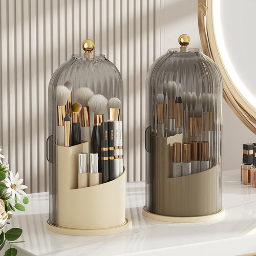 Rotating Makeup Brush Holder, Lipstick Organizer, Dust-Proof Compartmentalized Desktop Cosmetic Storage Box