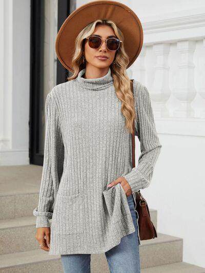 Slit Mock Neck Long Sleeve T-Shirt for Women with Pocket