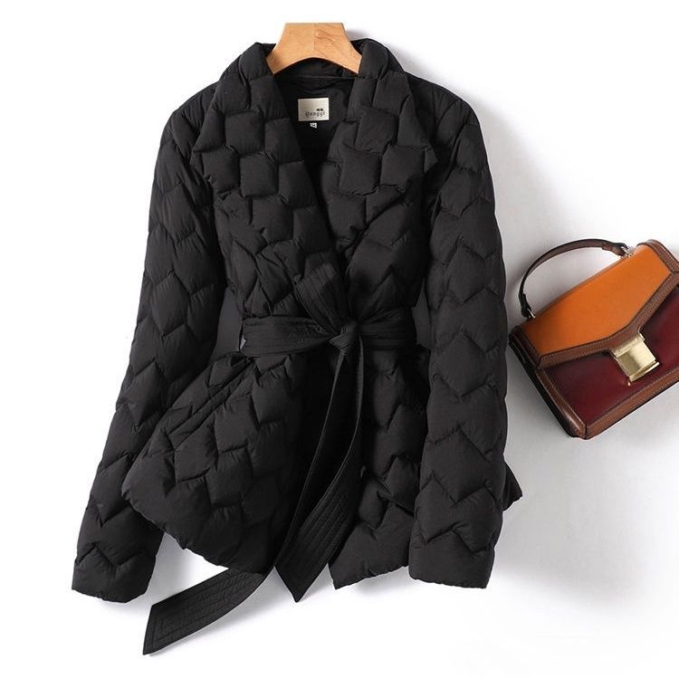 Winter Ripple-stitching Jacket With Belt Fashion Warm Pockets Lapel Coat Women's Temperament Lightweight Outwear Clothing