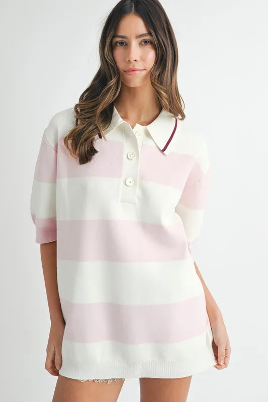 MABLE Oversized Stripe Polo Collar Sweater