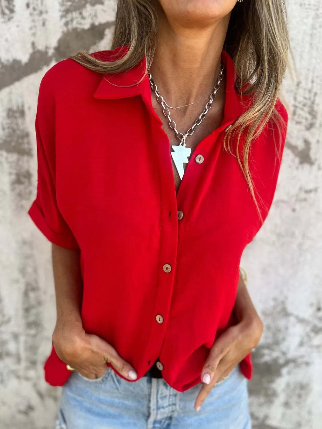 Full Size Collared Neck Half Sleeve Shirt Plus Size
