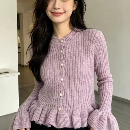 Korean-style Flared-sleeve Ruffled Long-sleeved Knitted Top, Elegant Blouse