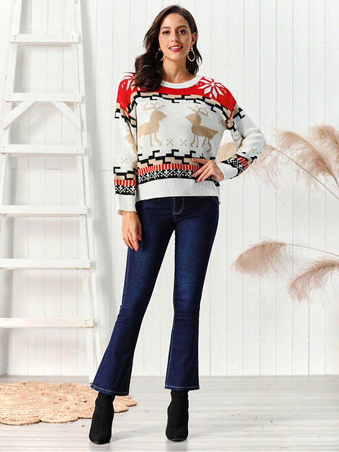 Reindeer Round Neck Sweater for Cozy Winter Warmth