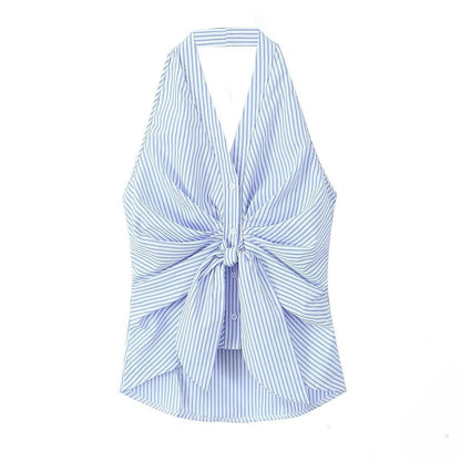 Halter-neck Knotted Striped Top For Women