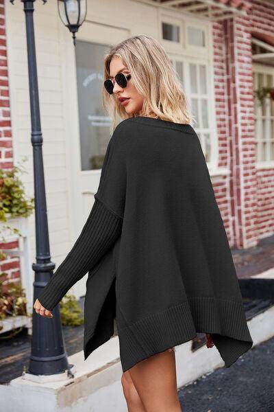 Slit V-Neck Dropped Shoulder Sweater for Effortless Style