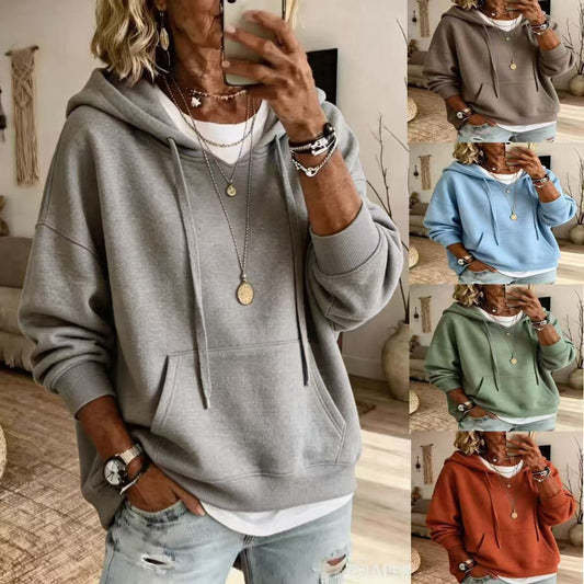 Women Casual Solid Pullover Hoodie Long Sleeve Drop Shoulder Sweatshirt With Drawstring & Kangaroo Pocket Loose Fit Tops