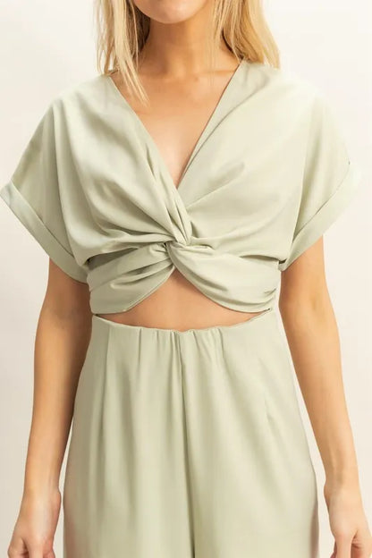 HYFVE Twisted Front Short Sleeve Top and Wide Leg Pants Set