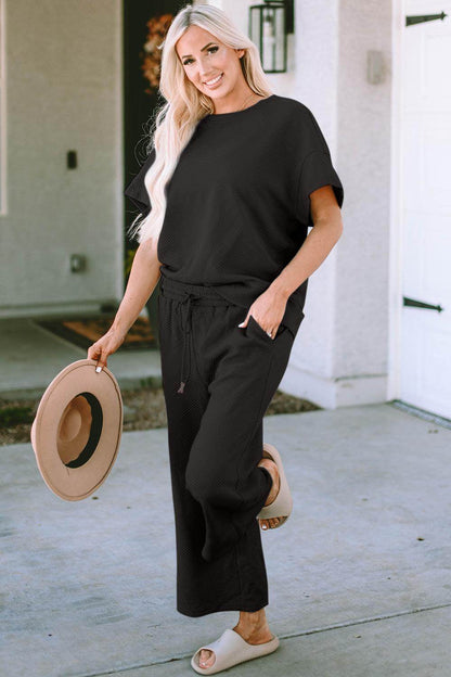 Double Take Full Size Texture Top and Pants Set for Women