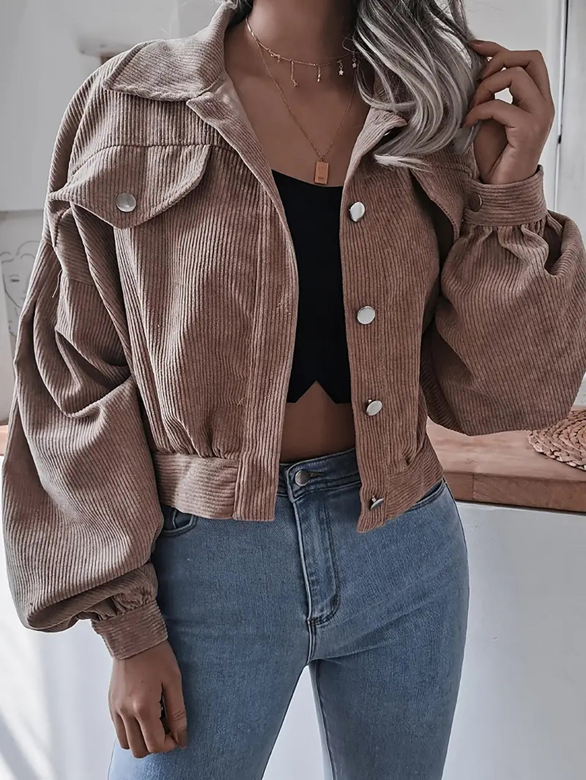 Lantern Sleeve Corduroy Casual Short Jacket